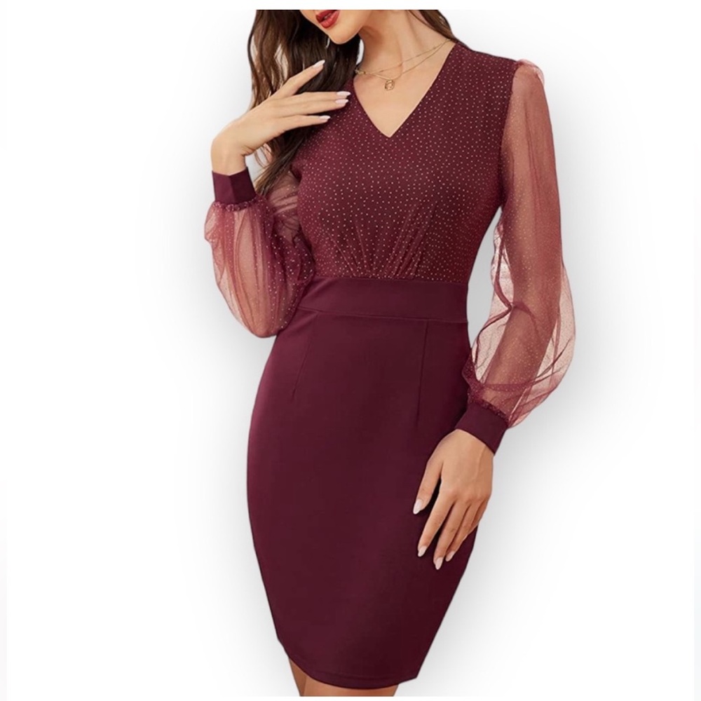 Jasambac Wine/Berry Sheer Long Sleeve Glitter Cocktail Holiday Dress Size XL NWT